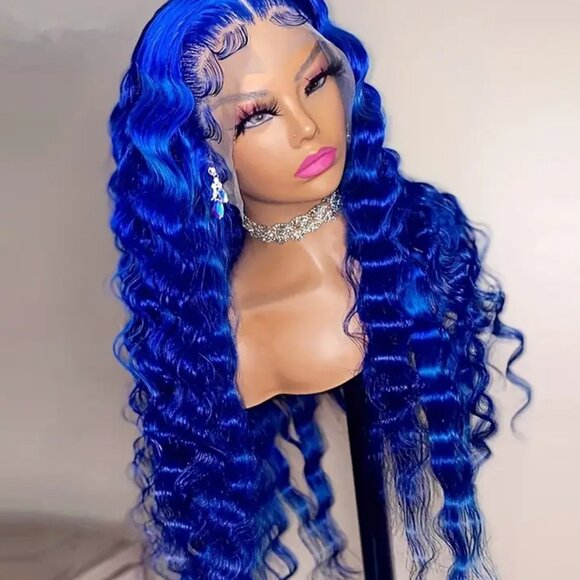 Vivid Blue 28" Deep Wave Lace Front Wig HD Transparent Glueless 180% - Picture 3 of 8